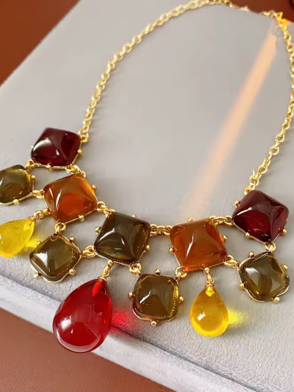 Vintage Gold-Tone Multi-Stone Pendant Necklace - Red, Amber, Olive, Yellow